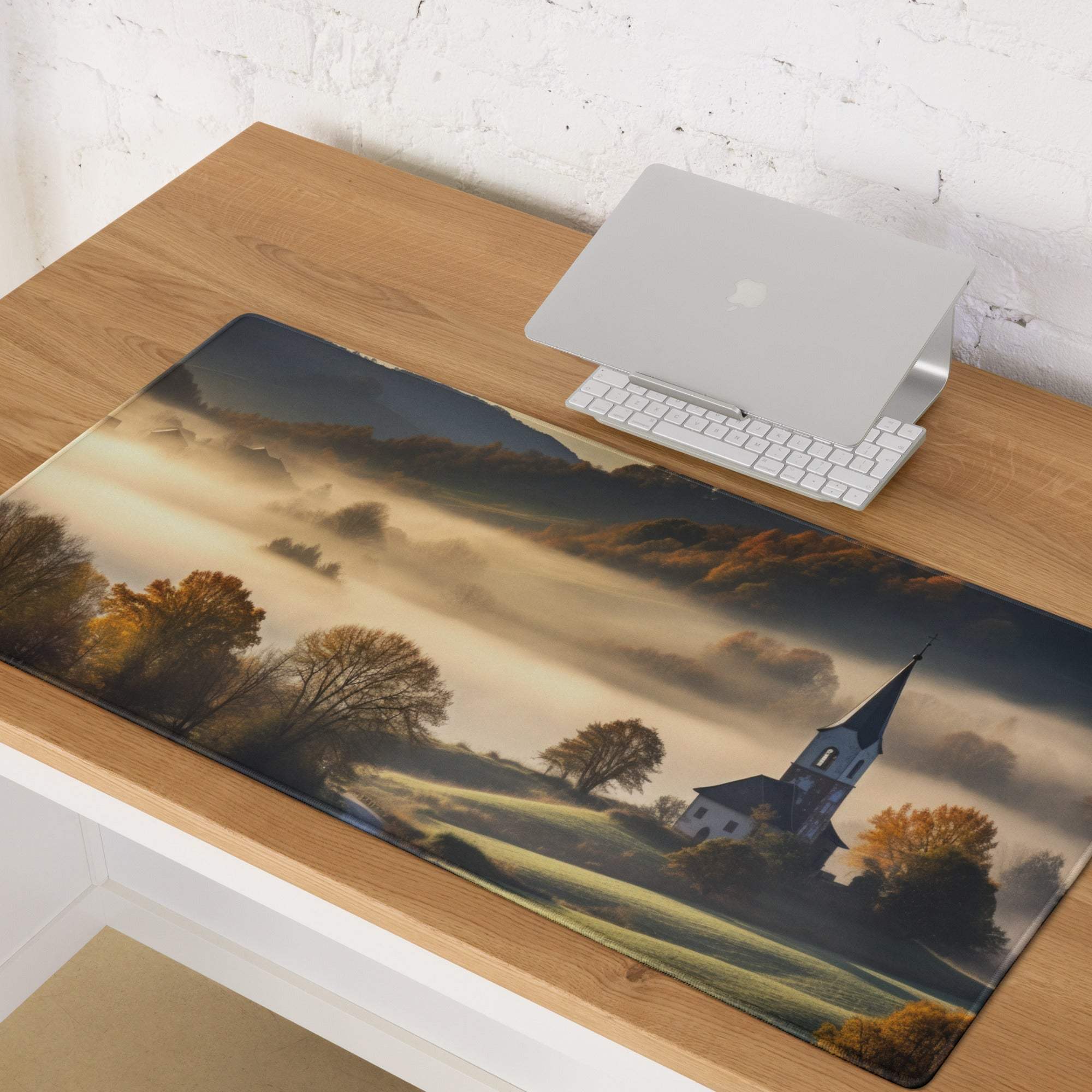 Pastoral autumn landscape gaming mouse pad with misty church village scene