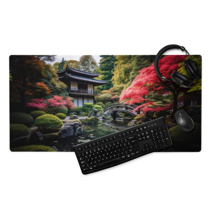 Tranquil Japanese garden gaming mouse pad with keyboard, non-slip base