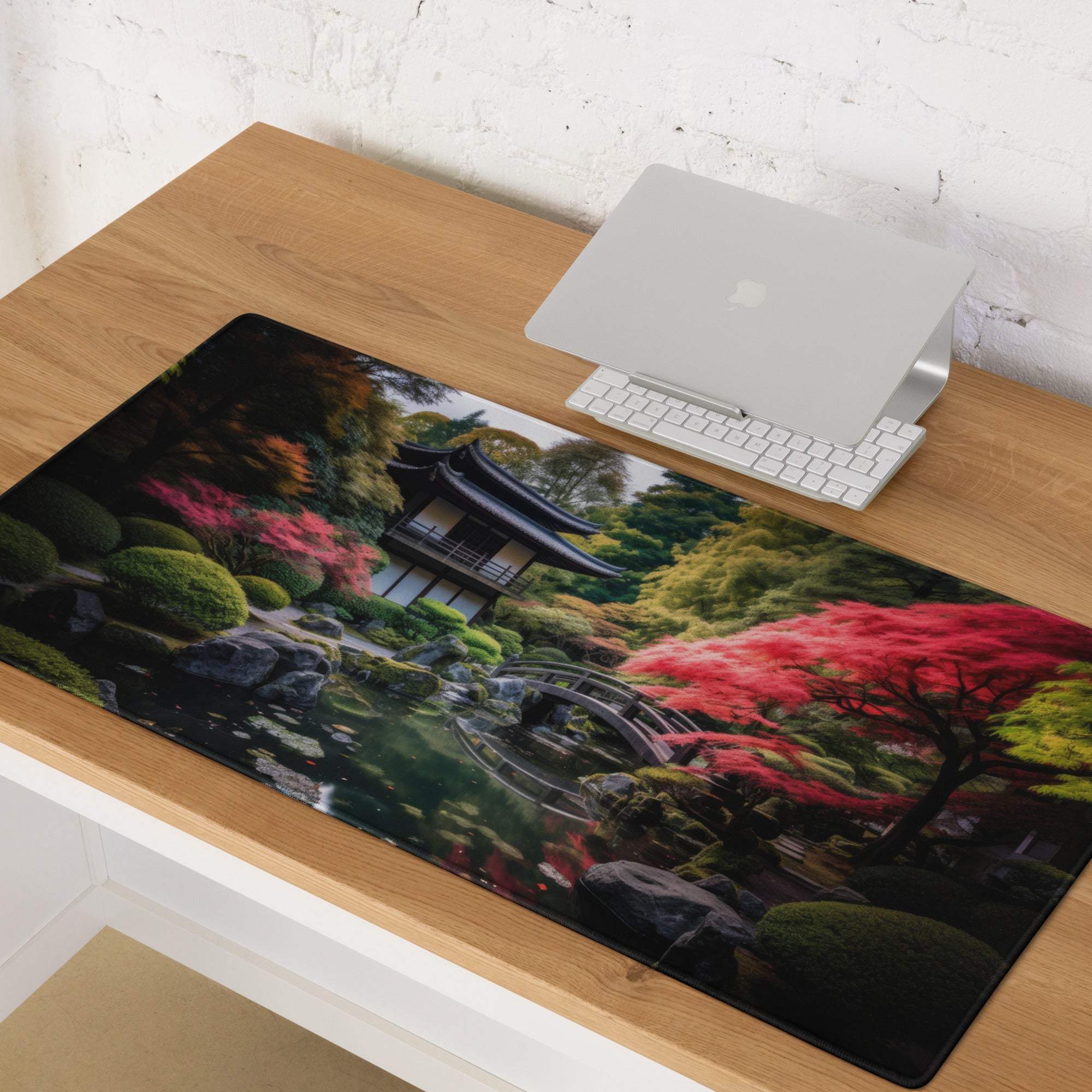 Tranquil Japanese garden mouse pad with pagoda, maples, bridge, non-slip base