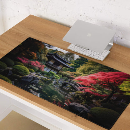 Tranquil Japanese garden mouse pad with pagoda, maples, bridge, non-slip base