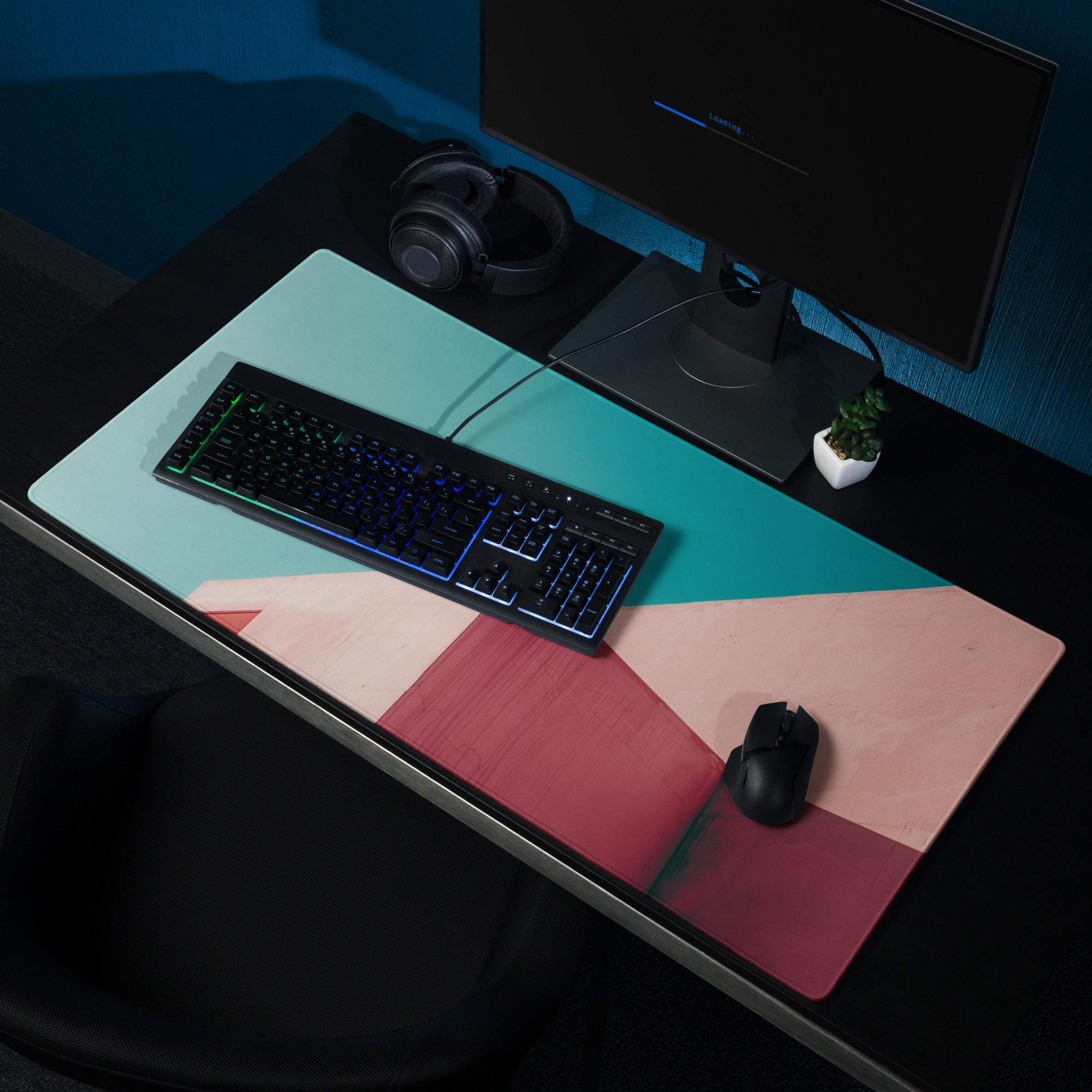 Teal and pink minimalist large gaming mouse pad with non-slip base