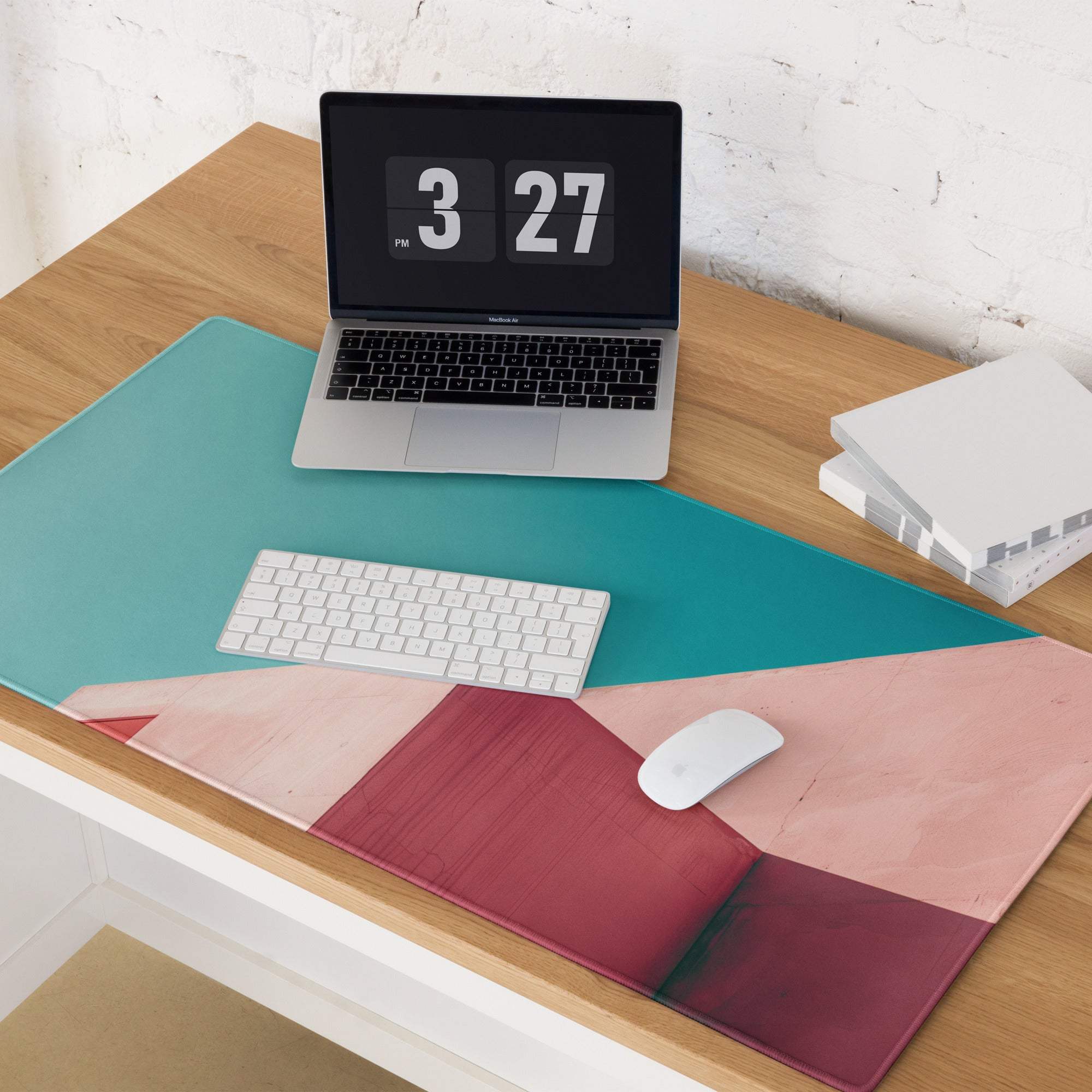 Teal and pink minimalist large gaming mouse pad with geometric pattern, non-slip base, stitched edges