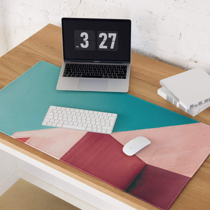 Teal and pink minimalist large gaming mouse pad with geometric pattern, non-slip base, stitched edges
