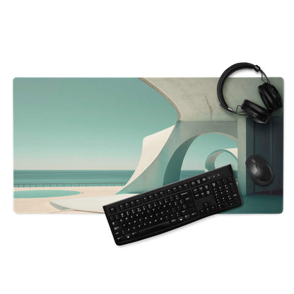 Minimalist architectural coastal teal gaming mouse pad with curves