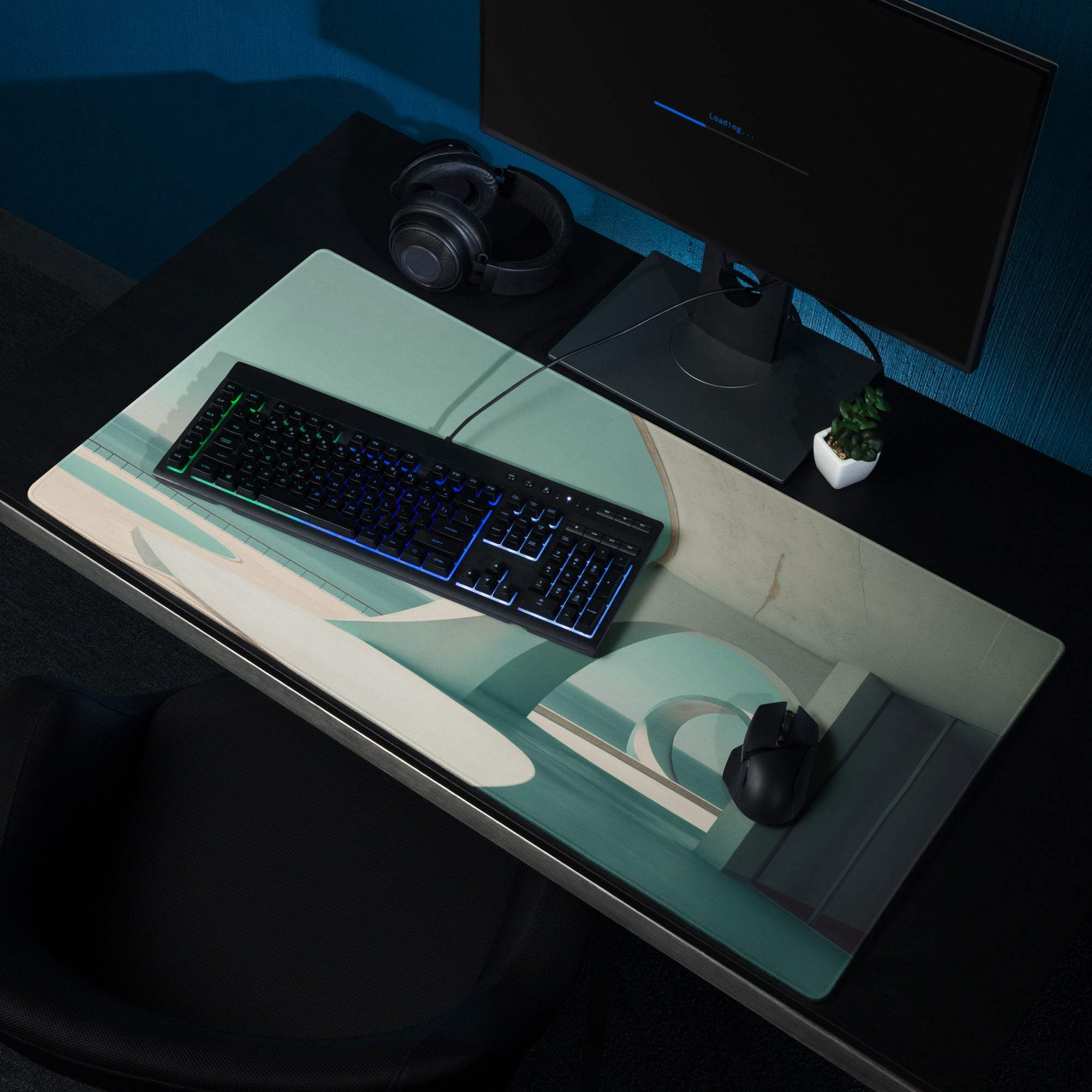 Minimalist architectural coastal teal gaming mouse pad with non-slip base