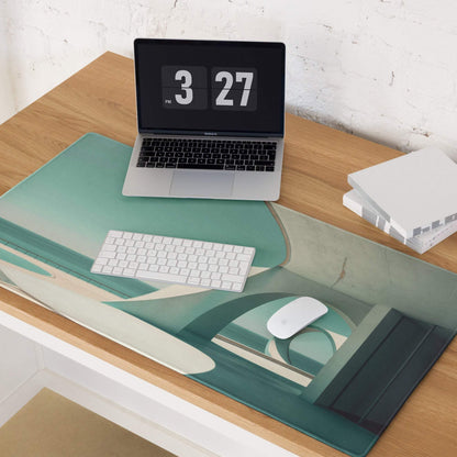 Minimalist architectural coastal teal gaming mouse pad with non-slip base