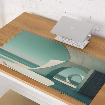 Minimalist teal coastal gaming mouse pad with non-slip base and stitching