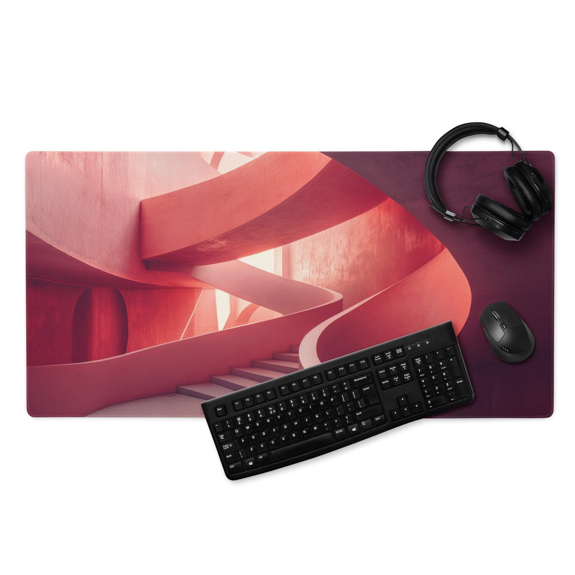 Premium abstract pink spiral gaming mouse pad with red maroon design, non-slip base
