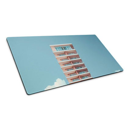 Peach apartment building print on glass cutting board