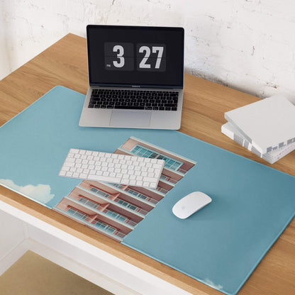 Pastel sky blue gaming mouse pad with modern building print