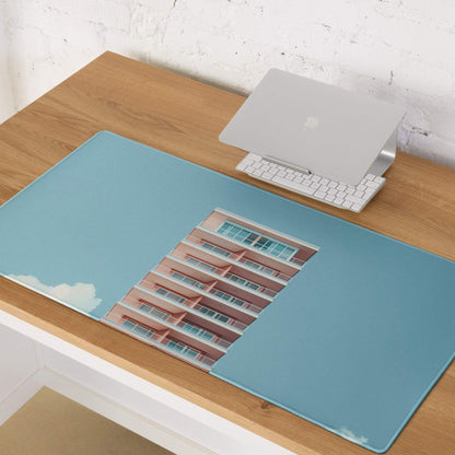 Pastel sky blue gaming mouse pad with building print and non-slip base