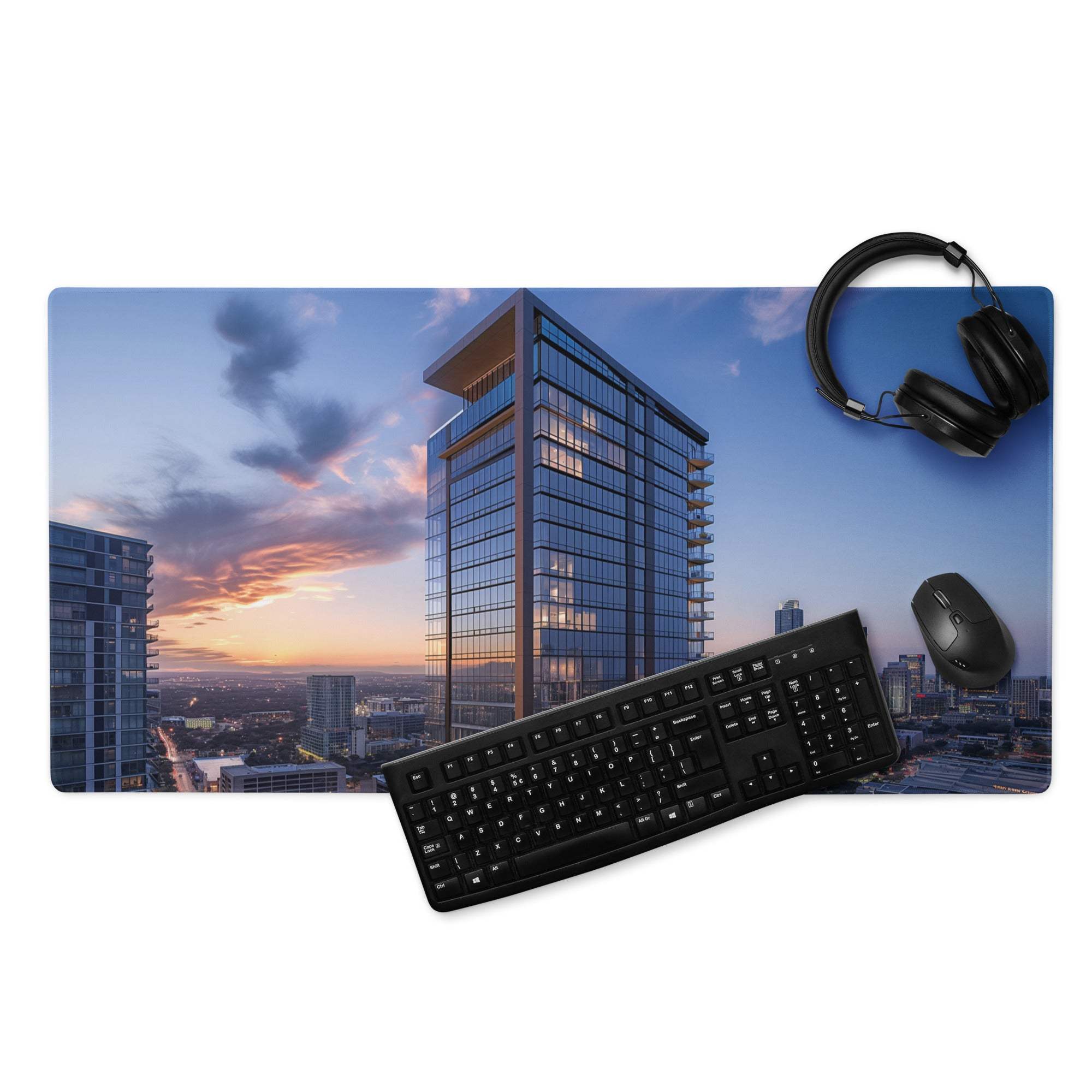 Cinematic urban skyline blue sunset gaming mousepad with headphones and keyboard