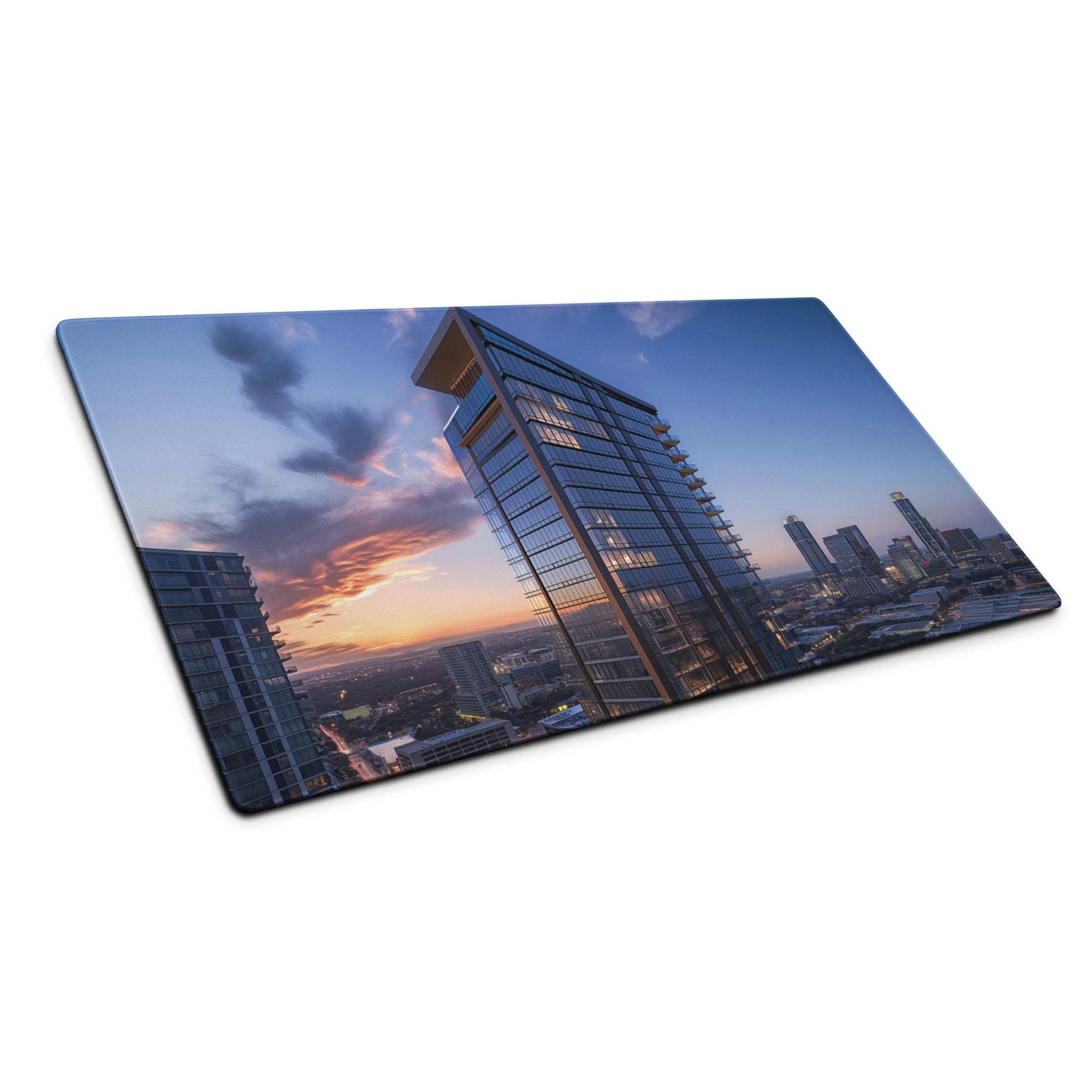Rectangular glass cutting board with printed urban skyline sunset mouse pad design