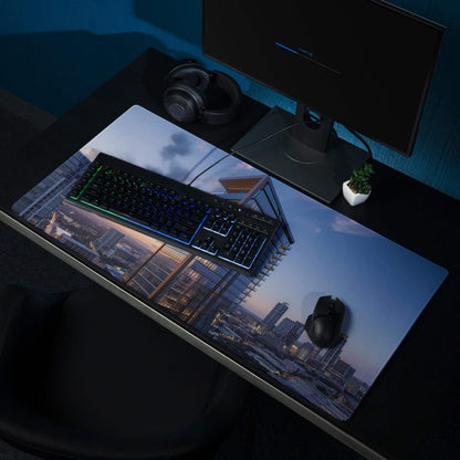Cinematic urban skyline blue sunset gaming mouse pad with dusk cityscape