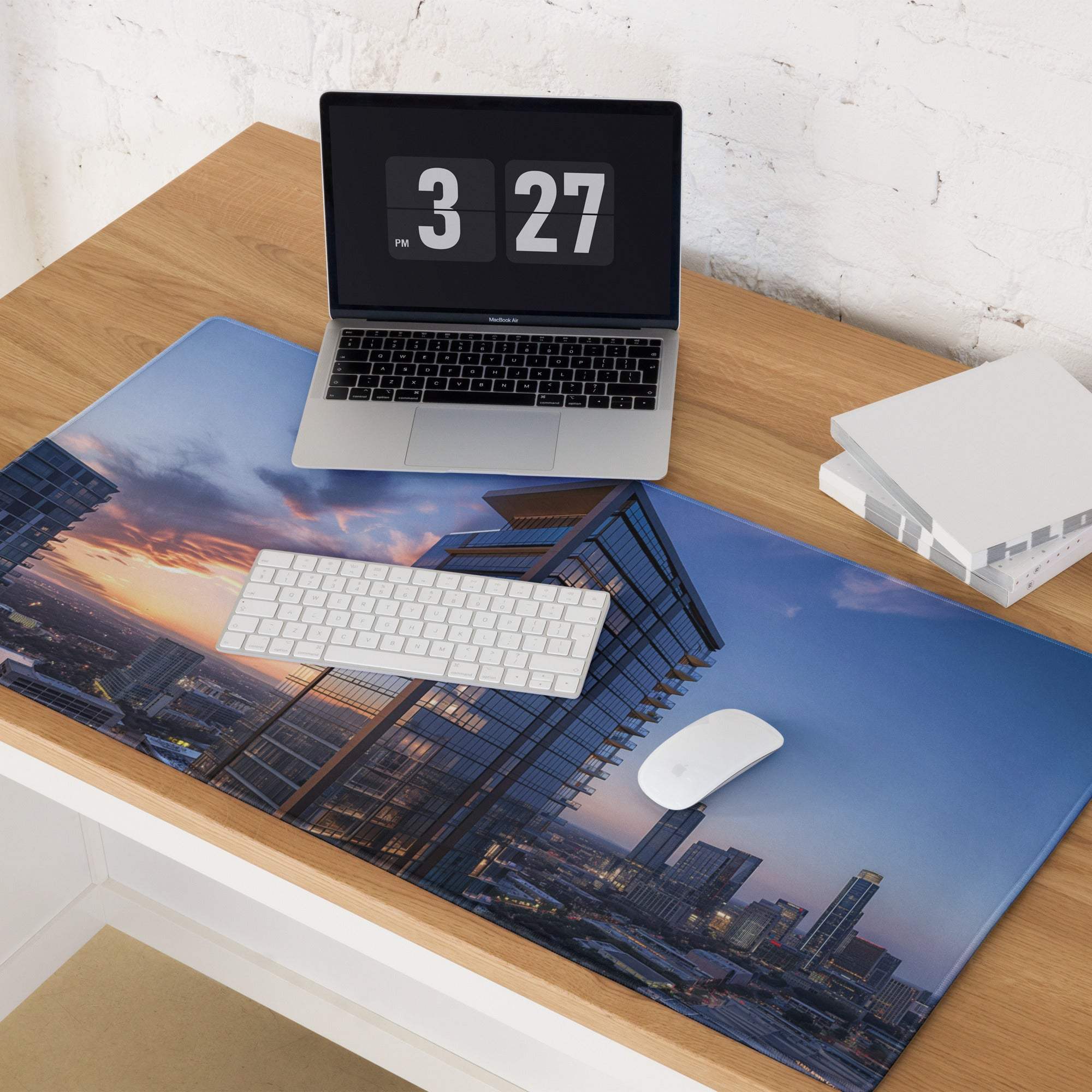 Blue cityscape desk mat with skyscrapers, sunset hues, non-slip gaming mouse pad