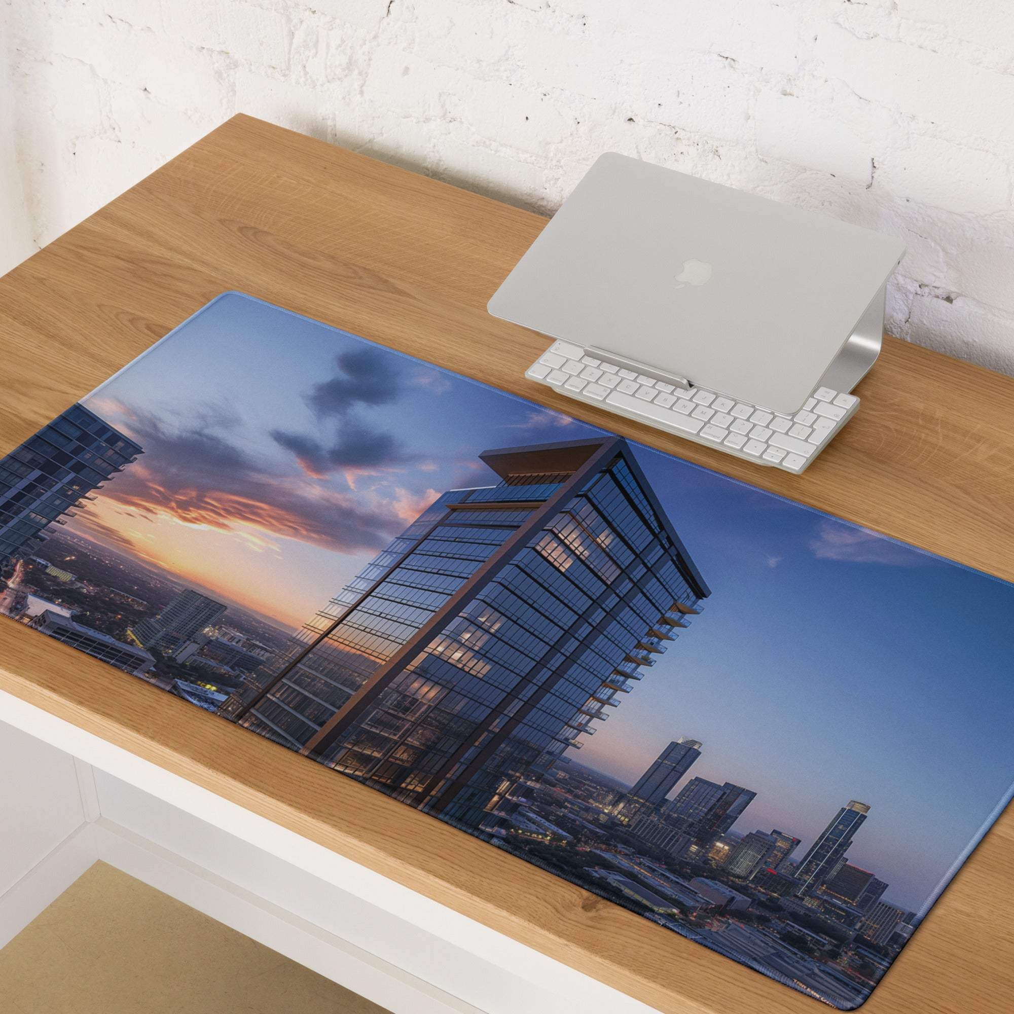 Cinematic urban skyline blue sunset gaming mouse pad with skyscrapers