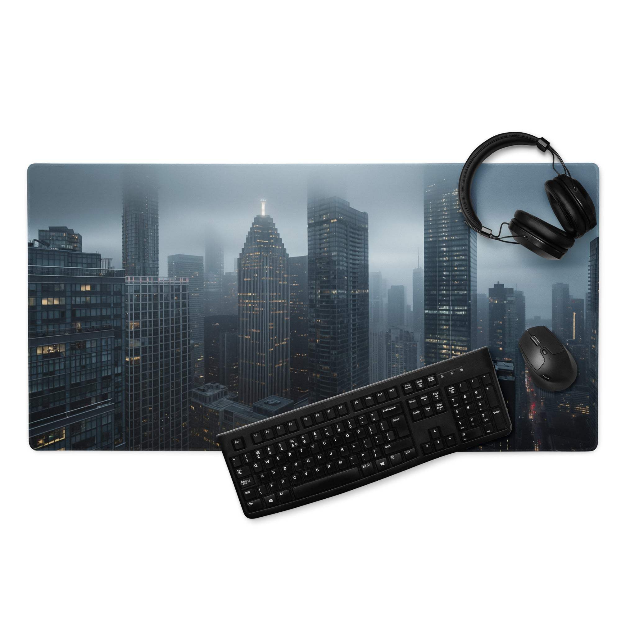 Black keyboard and mouse on Premium Blue Mist City Skyline gaming mat