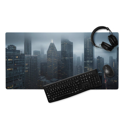 Black keyboard and mouse on Premium Blue Mist City Skyline gaming mat