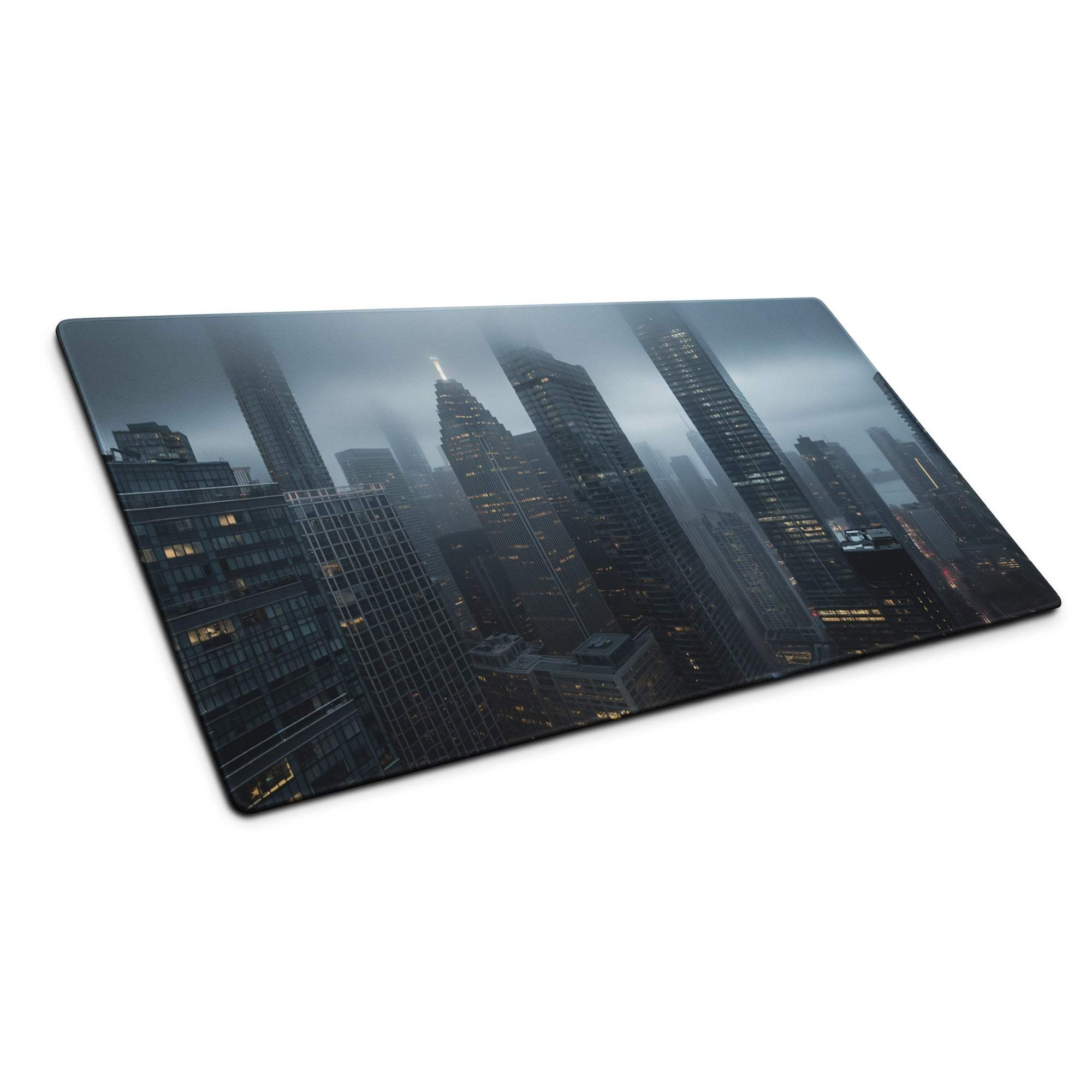 Premium blue mist city skyline gaming mouse pad with misty skyscrapers