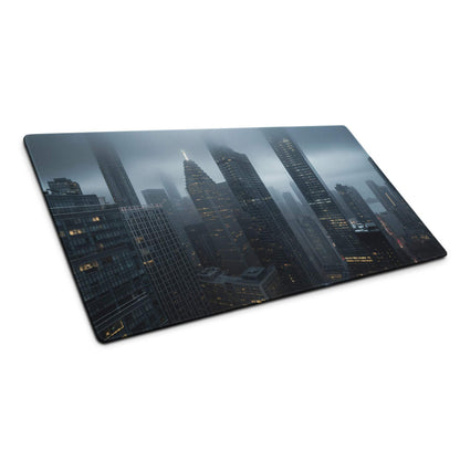 Premium blue mist city skyline gaming mouse pad with misty skyscrapers