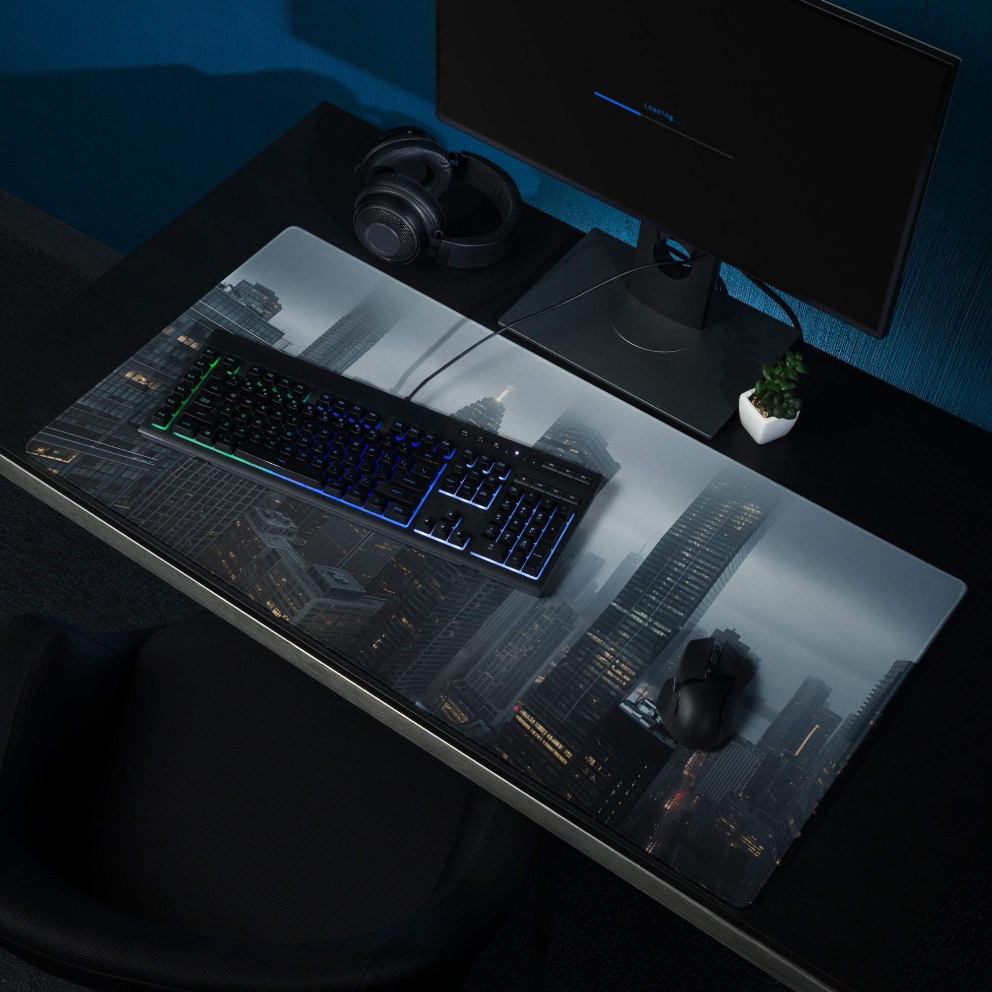 Black gray cityscape gaming mousepad large non-slip base stitched edges