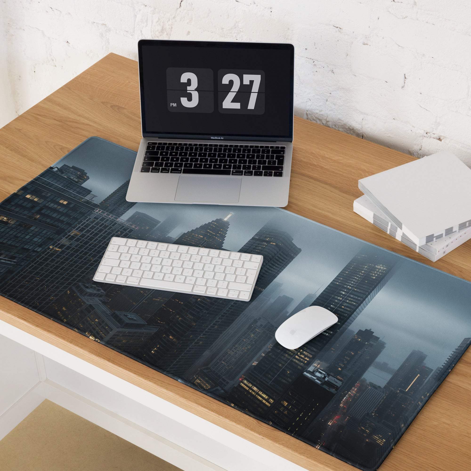 Black gray cityscape minimalist mousepad, premium blue mist skyline large gaming pad