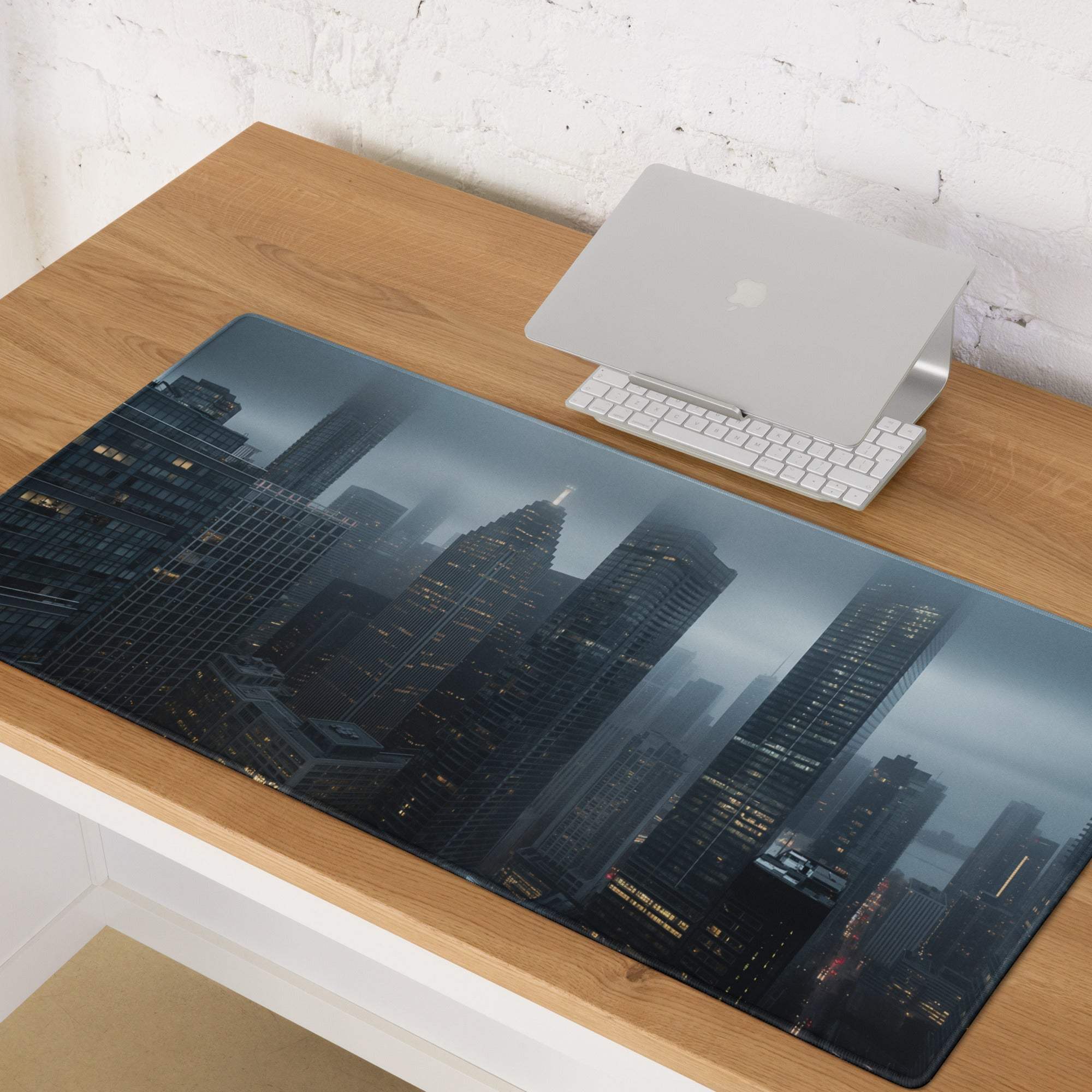 Premium Blue Mist city skyline gaming mouse pad with dark skyscrapers