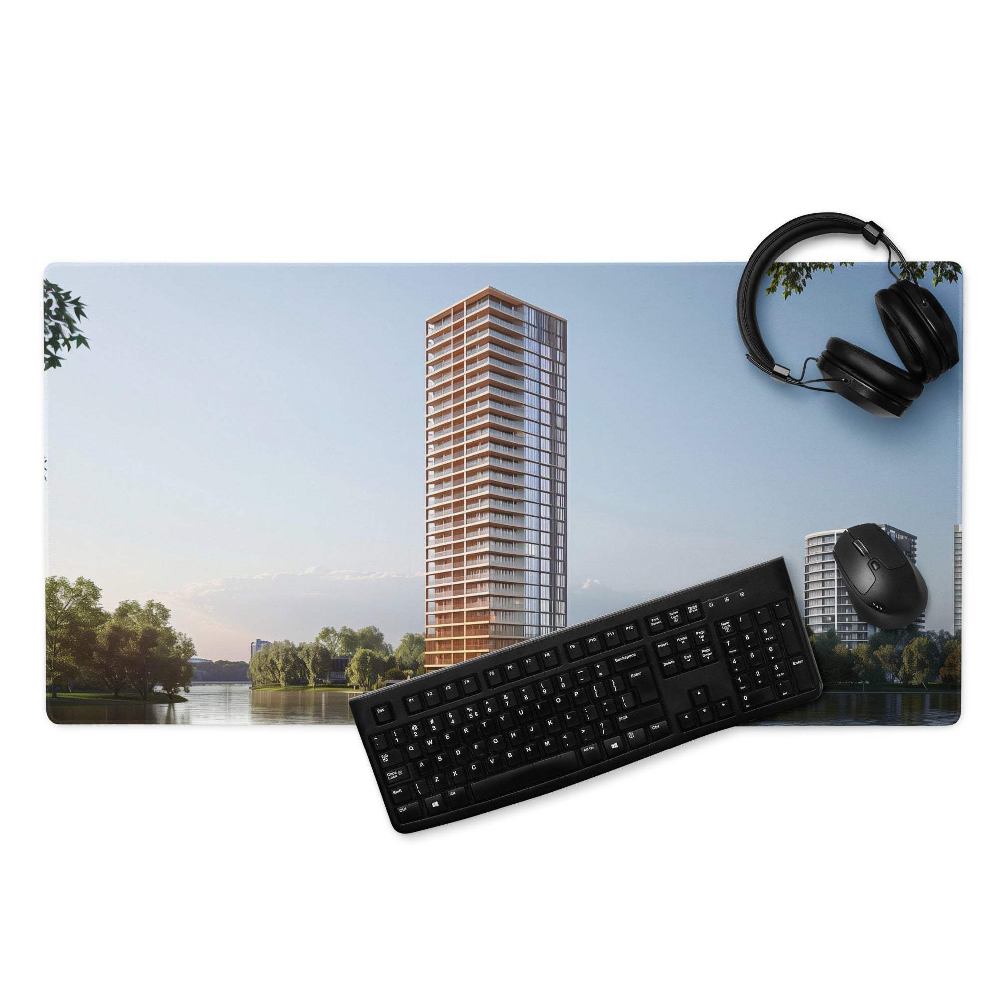 Black keyboard on urban cityscape waterfront gaming mouse pad