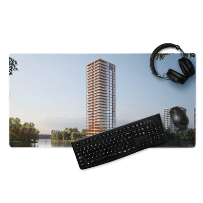 Black keyboard on urban cityscape waterfront gaming mouse pad