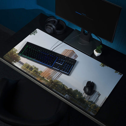 Urban cityscape calm waterfront gaming mouse pad with non-slip base