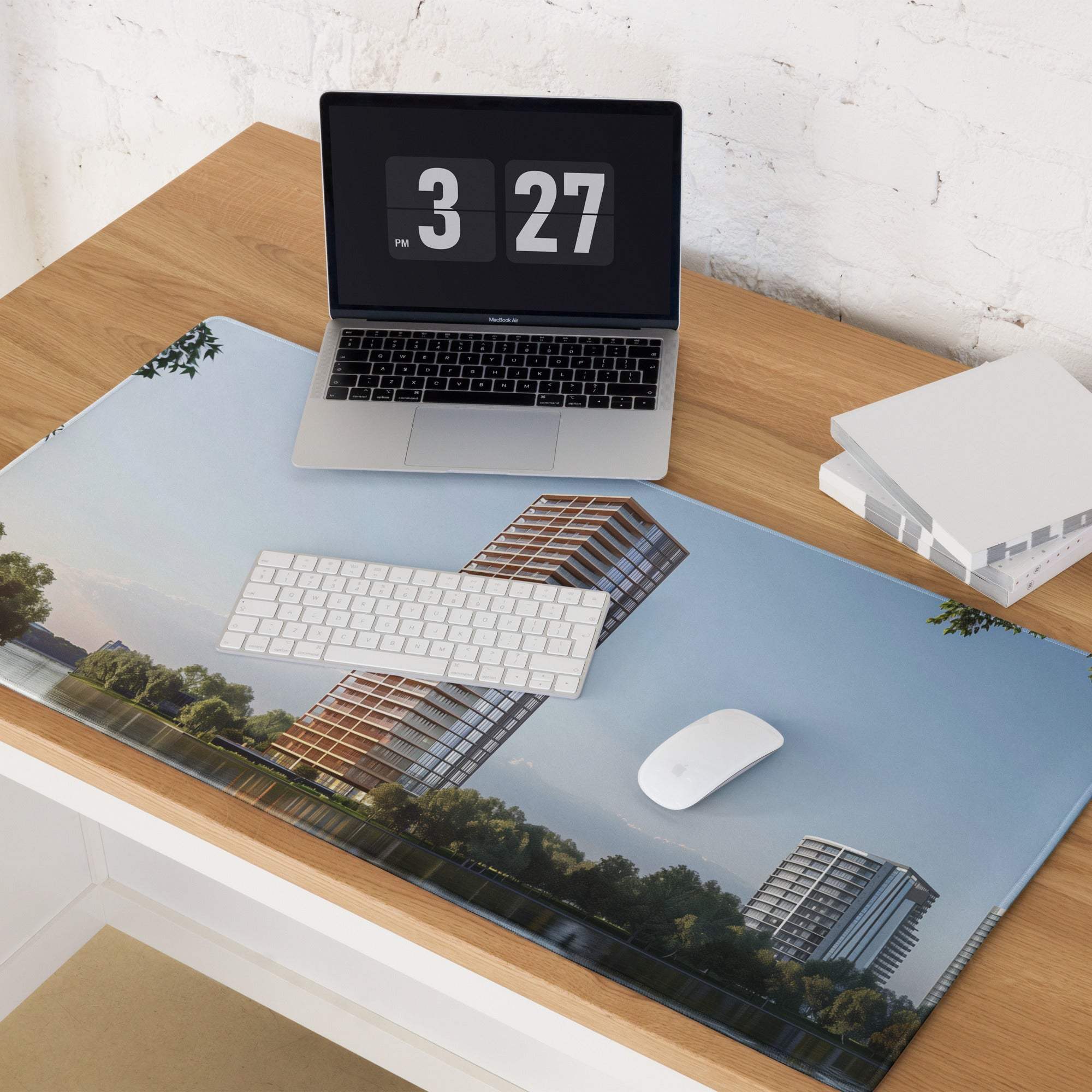 Urban cityscape gaming mouse pad with calm waterfront skyline print