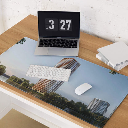 Urban cityscape gaming mouse pad with calm waterfront skyline print