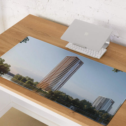 Urban cityscape gaming mouse pad with waterfront buildings, non-slip base