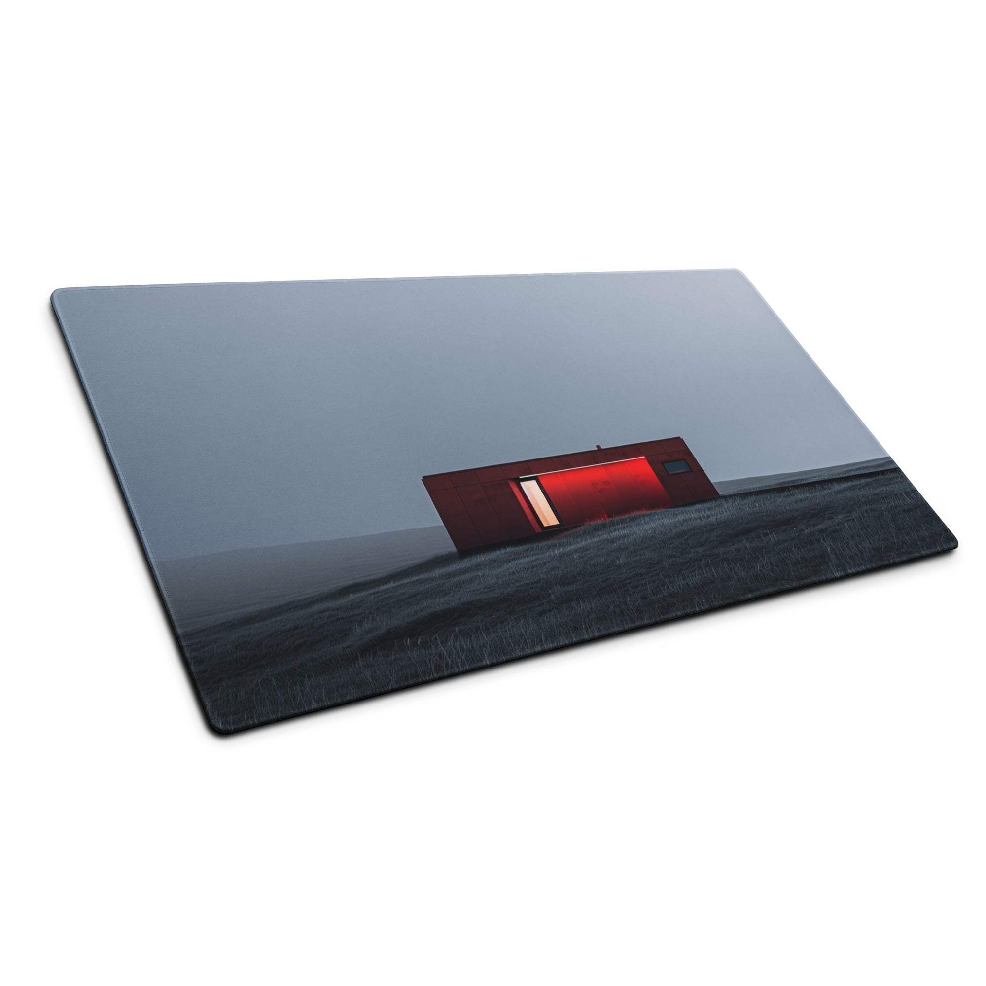 Minimalist red house on gray landscape glass cutting board image for large esports mouse pad