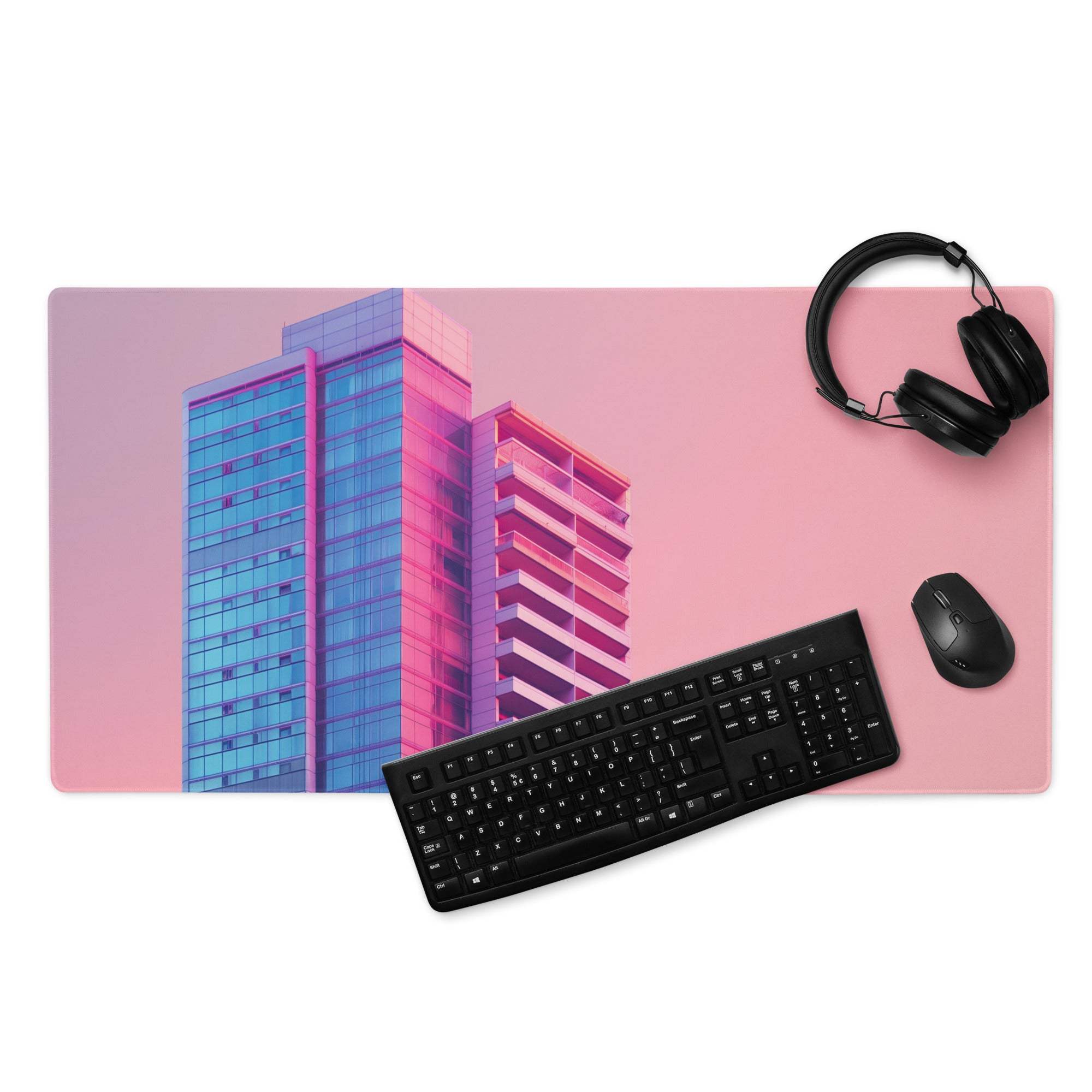 Pink blue neon cityscape gaming mousepad with black keyboard mouse