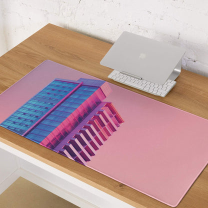 Neon pink gradient cityscape gaming mouse pad with blue magenta glass building