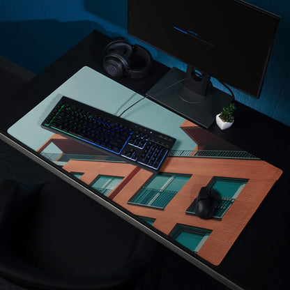 Sleek large edge-stitched gaming mouse pad with orange brick teal window design