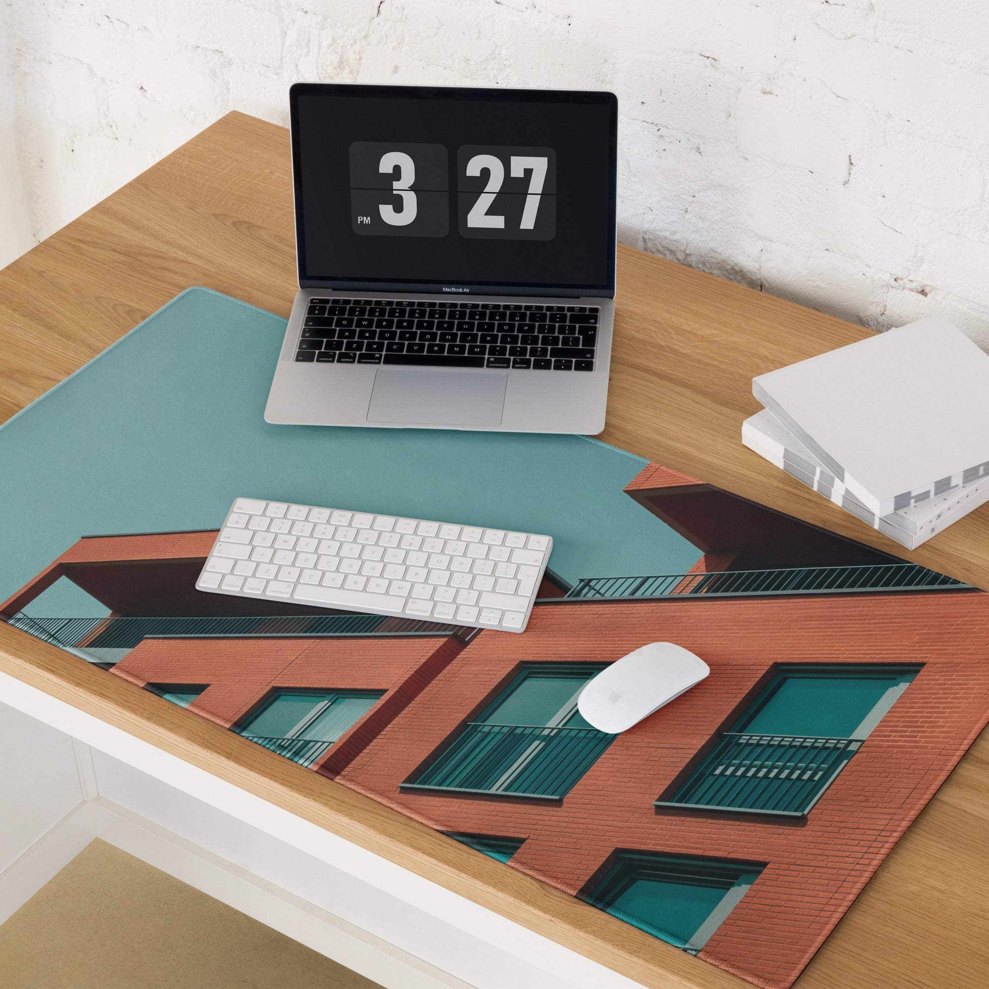 Rectangular teal and orange mural gaming mouse pad with non-slip base