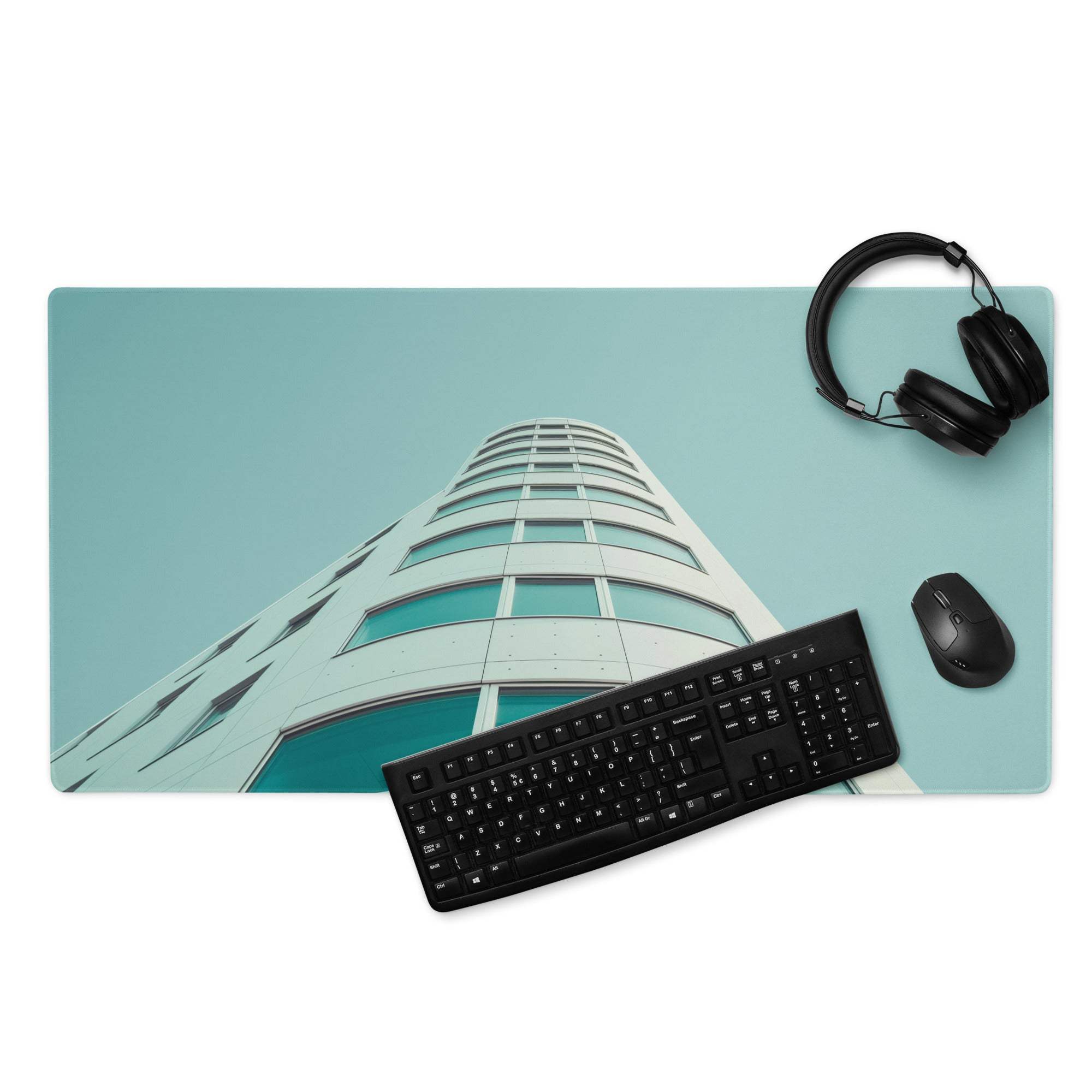 Modern architecture teal large gaming mouse pad with building design