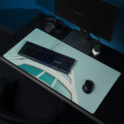 Sleek light teal gaming mouse pad with modern architecture design, non-slip base, edge stitching