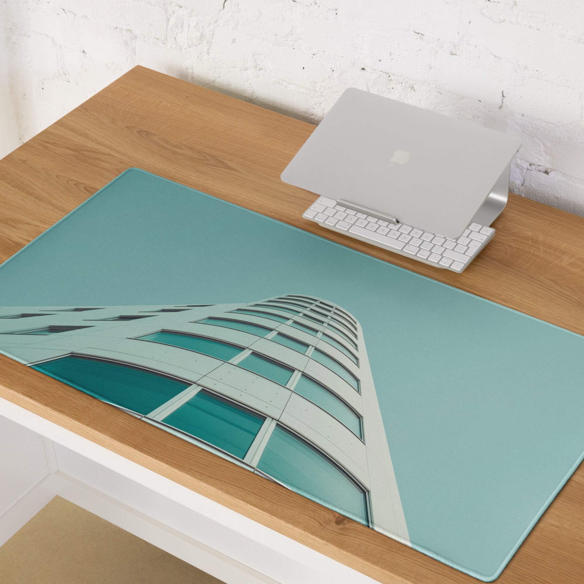 Modern architecture teal large gaming mouse pad with curved glass building design
