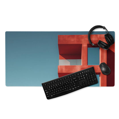 Large Architectural Blue Sky Red Building gaming mouse pad with red teal geometric design
