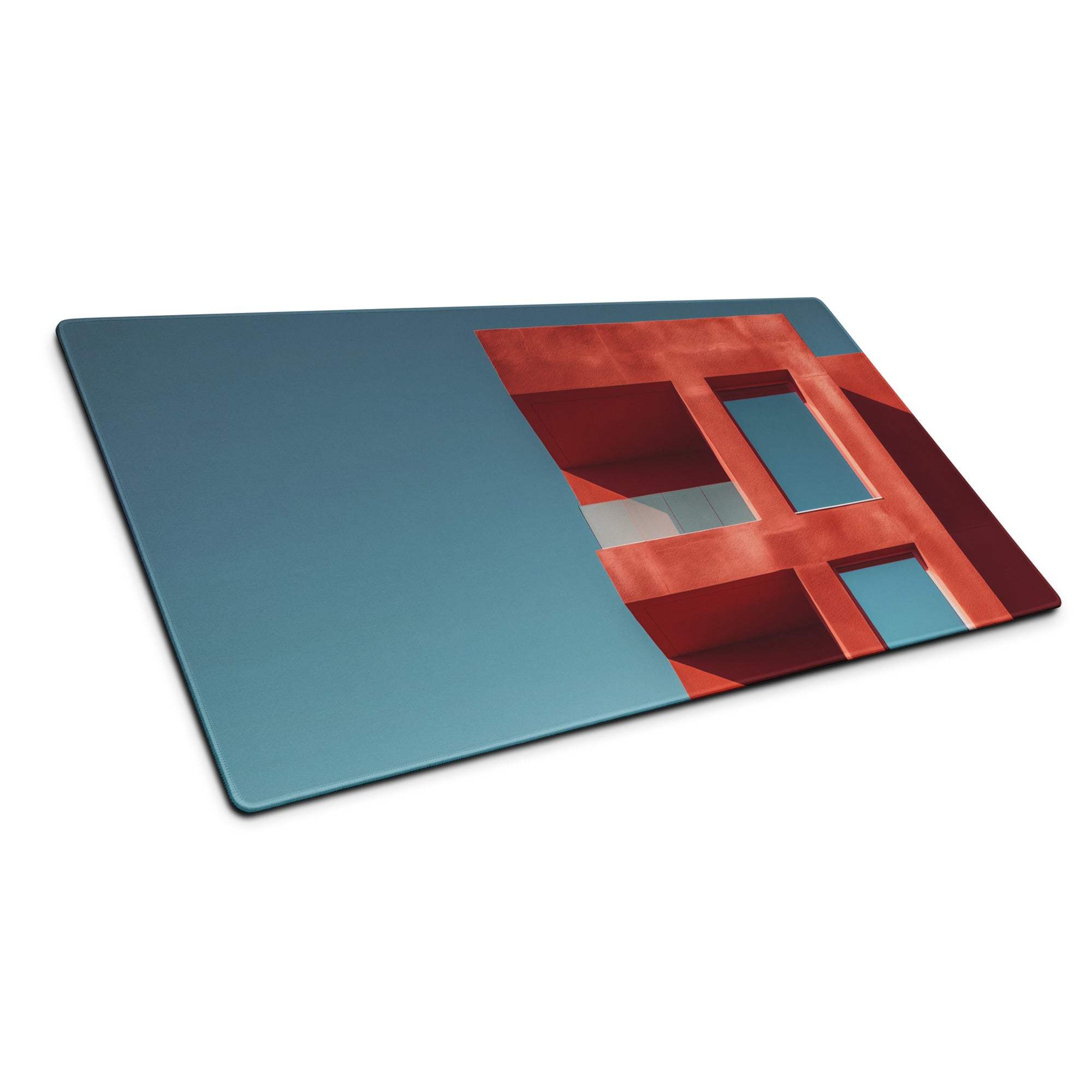Architectural blue sky red building gaming mouse pad with geometric glass design