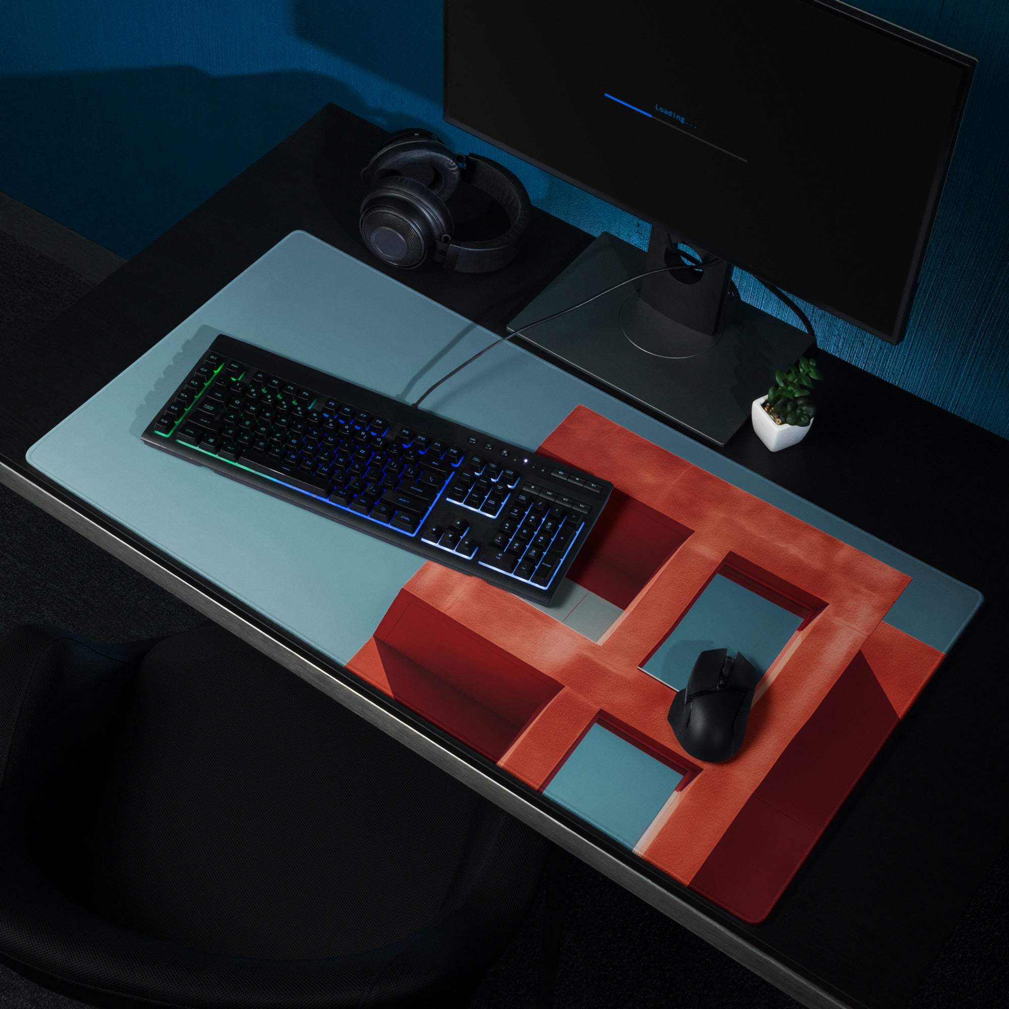 Large Architectural Blue Sky Red Building gaming mousepad with geometric red teal design