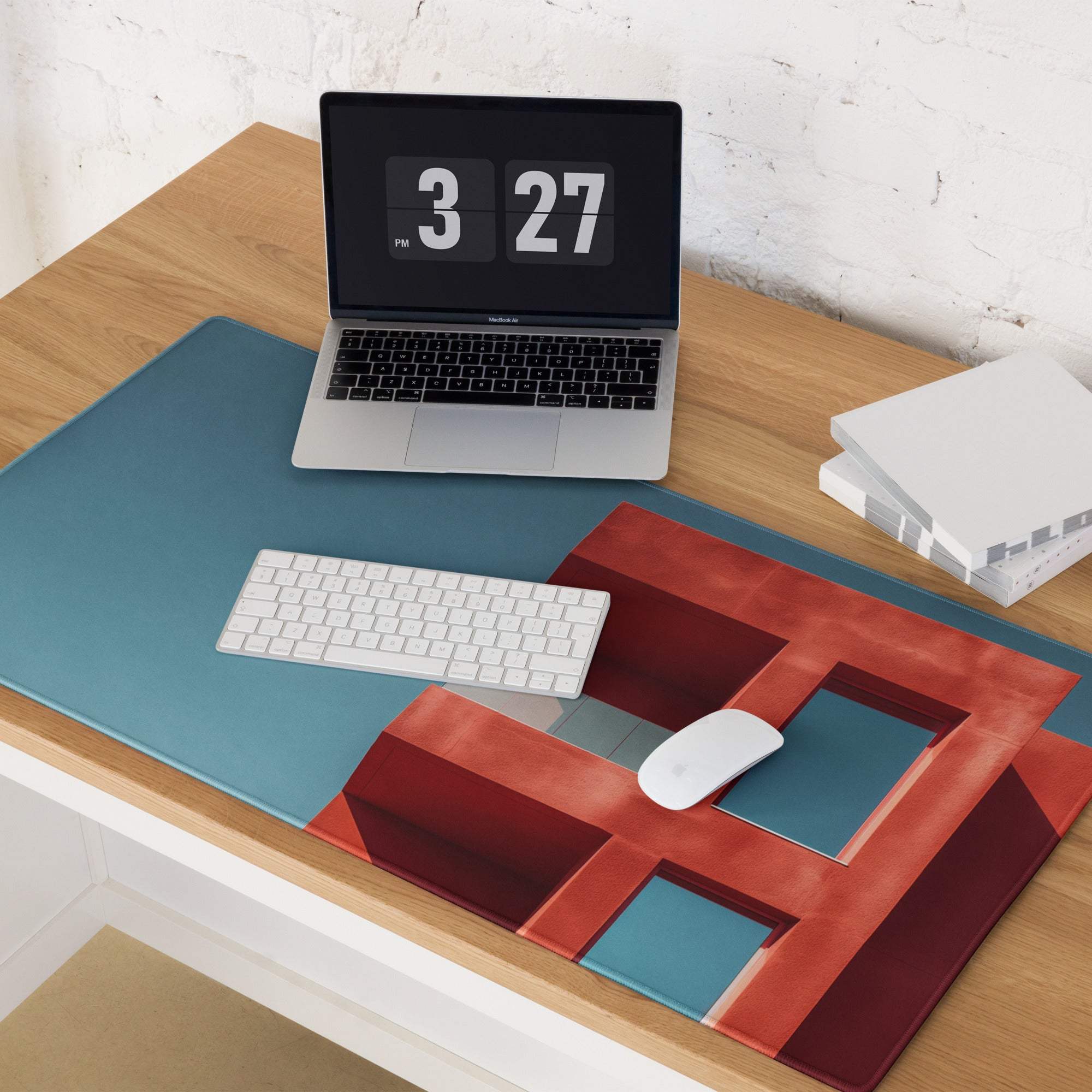 Blue and red abstract geometric large gaming mouse pad with stitched edges