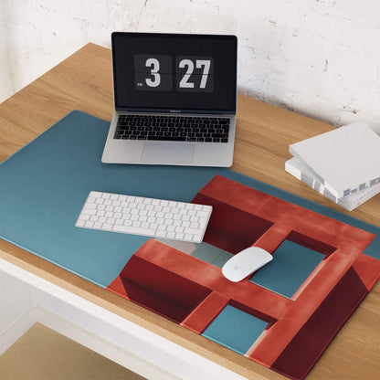 Blue and red abstract geometric large gaming mouse pad with stitched edges