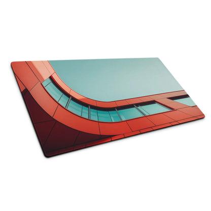 Bold orange-red architectural curve glass cutting board with teal windows
