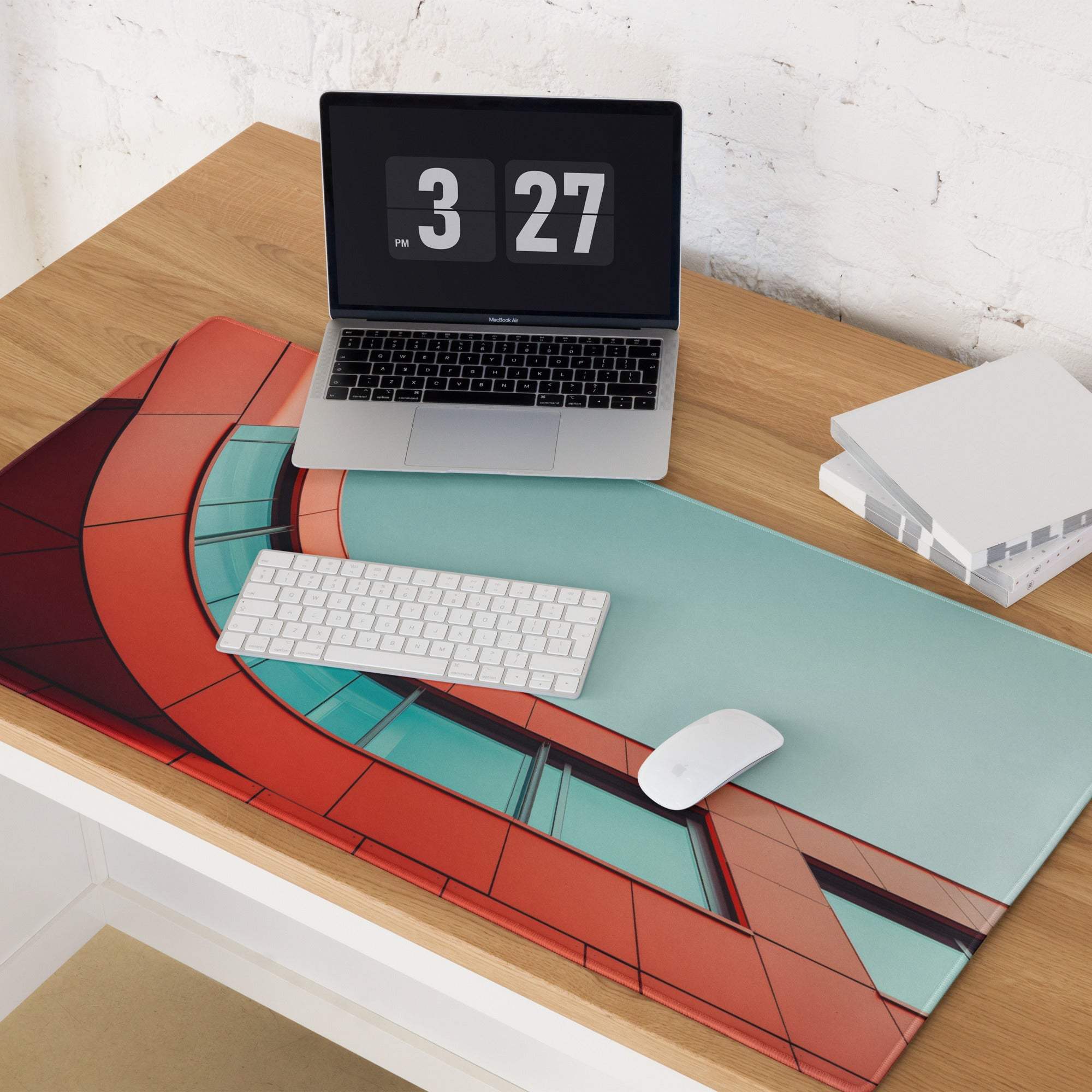 Bold red and teal architectural curve gaming mouse pad with non-slip base