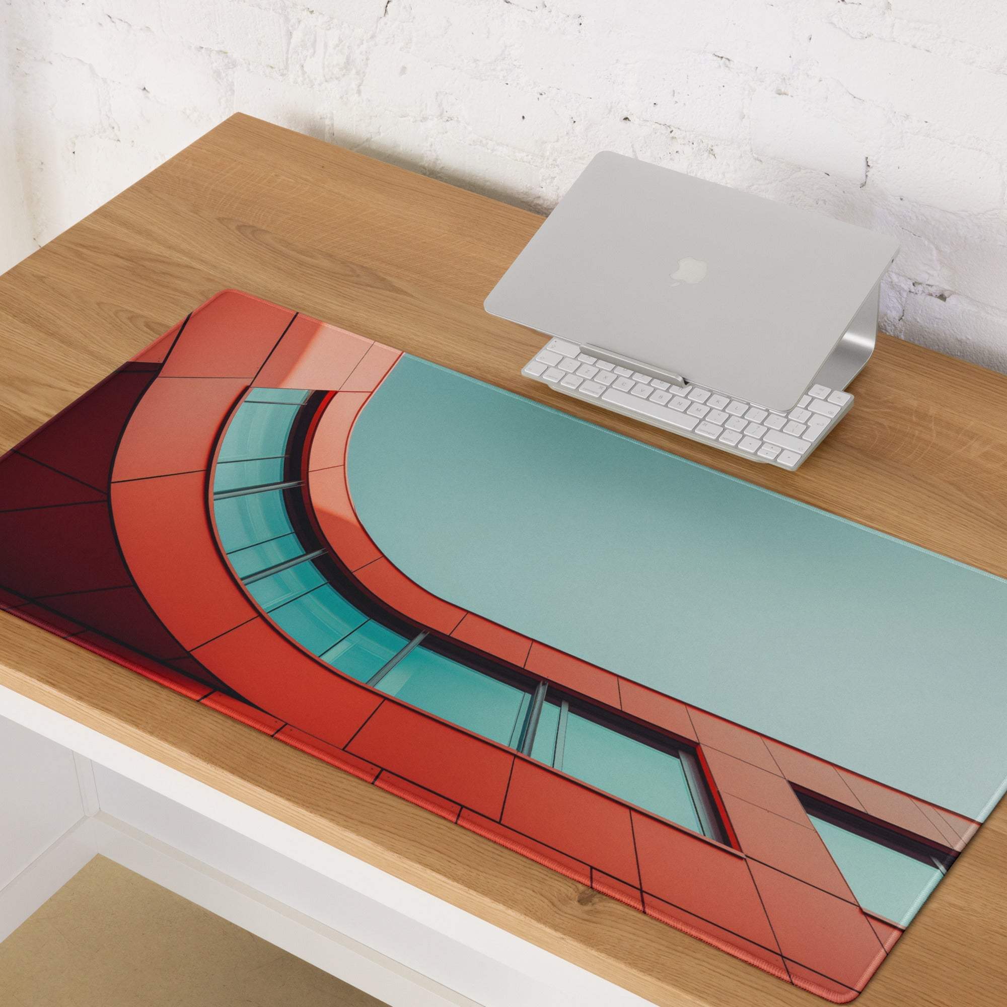 Bold vibrant orange red architectural curve gaming mouse pad with non-slip base