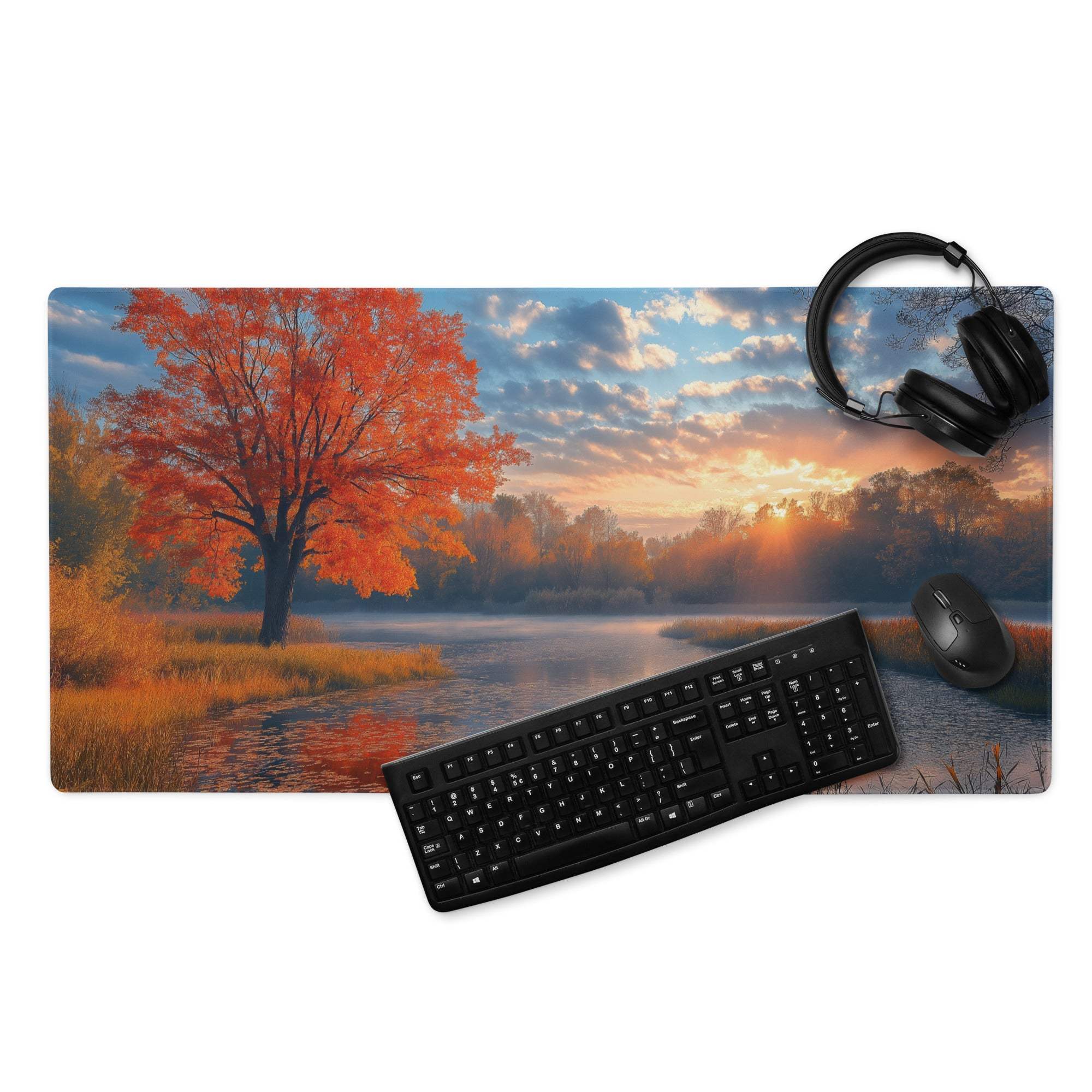 Cozy autumn sunset lakeside gaming mouse pad with orange tree and misty water